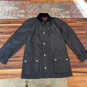 Medium - Barbour Rain Jacket in Black with Corduroy Collar and Red Tartan Lining